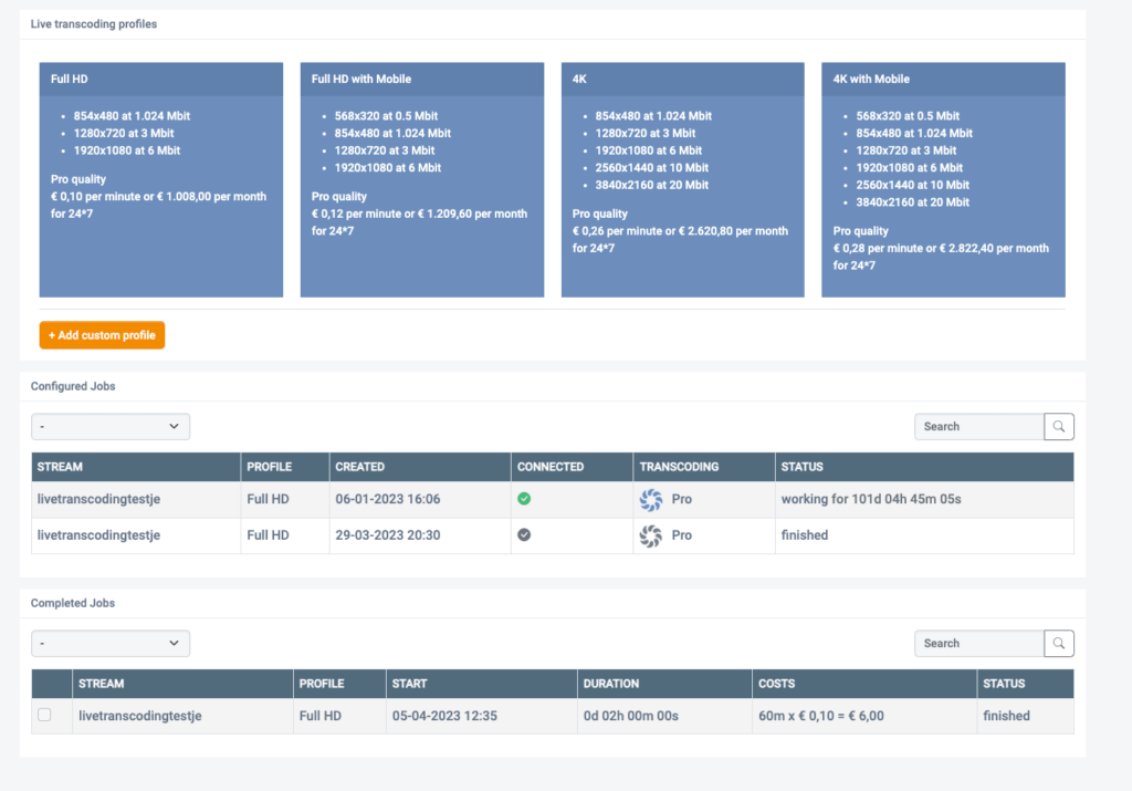 MaelStrom Live transcoding profiles