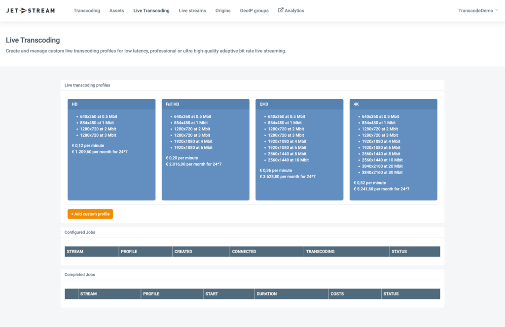 Perfiles de transcodificación en directo