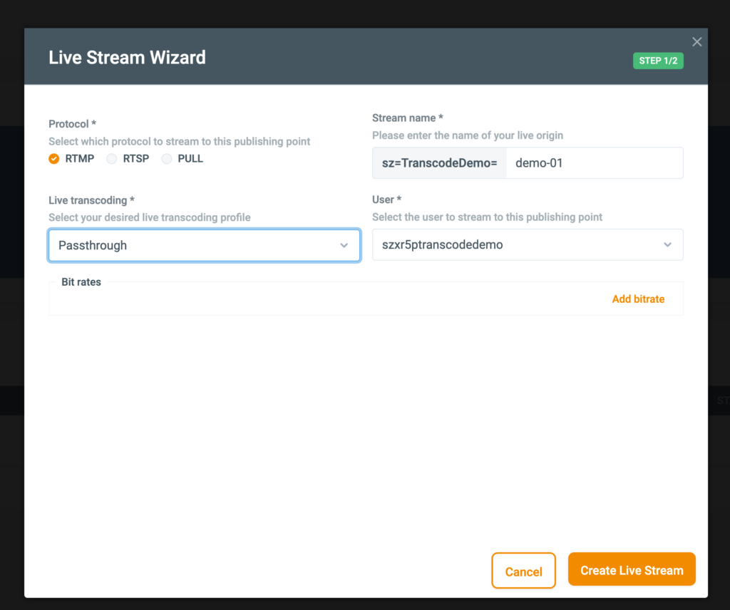 Live stream wizard of live live transcoder