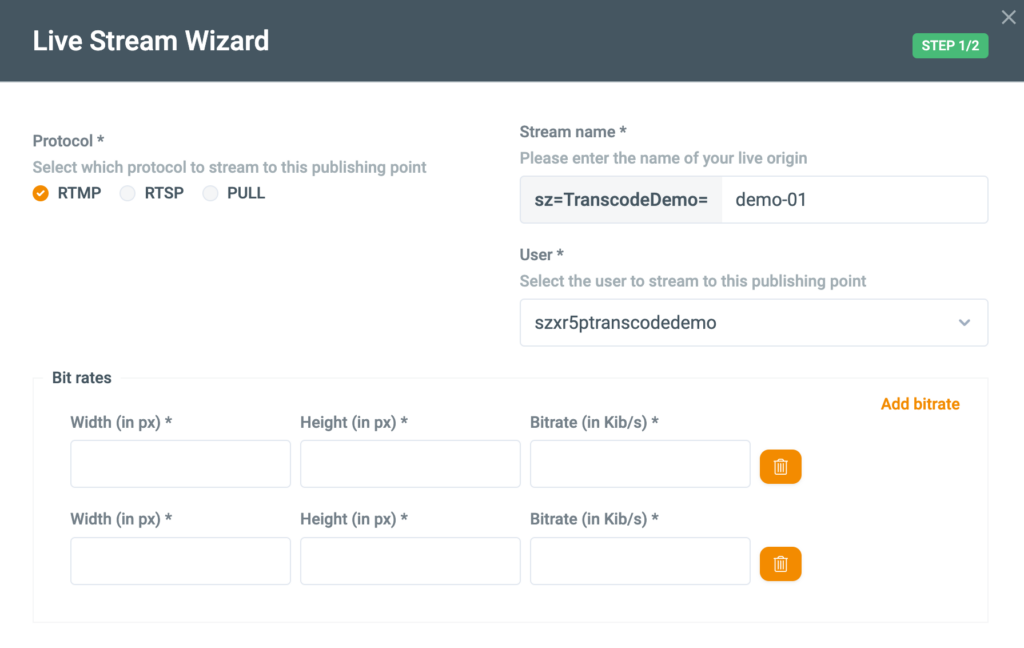 Trascodifica in diretta - Procedura guidata per i streams in diretta