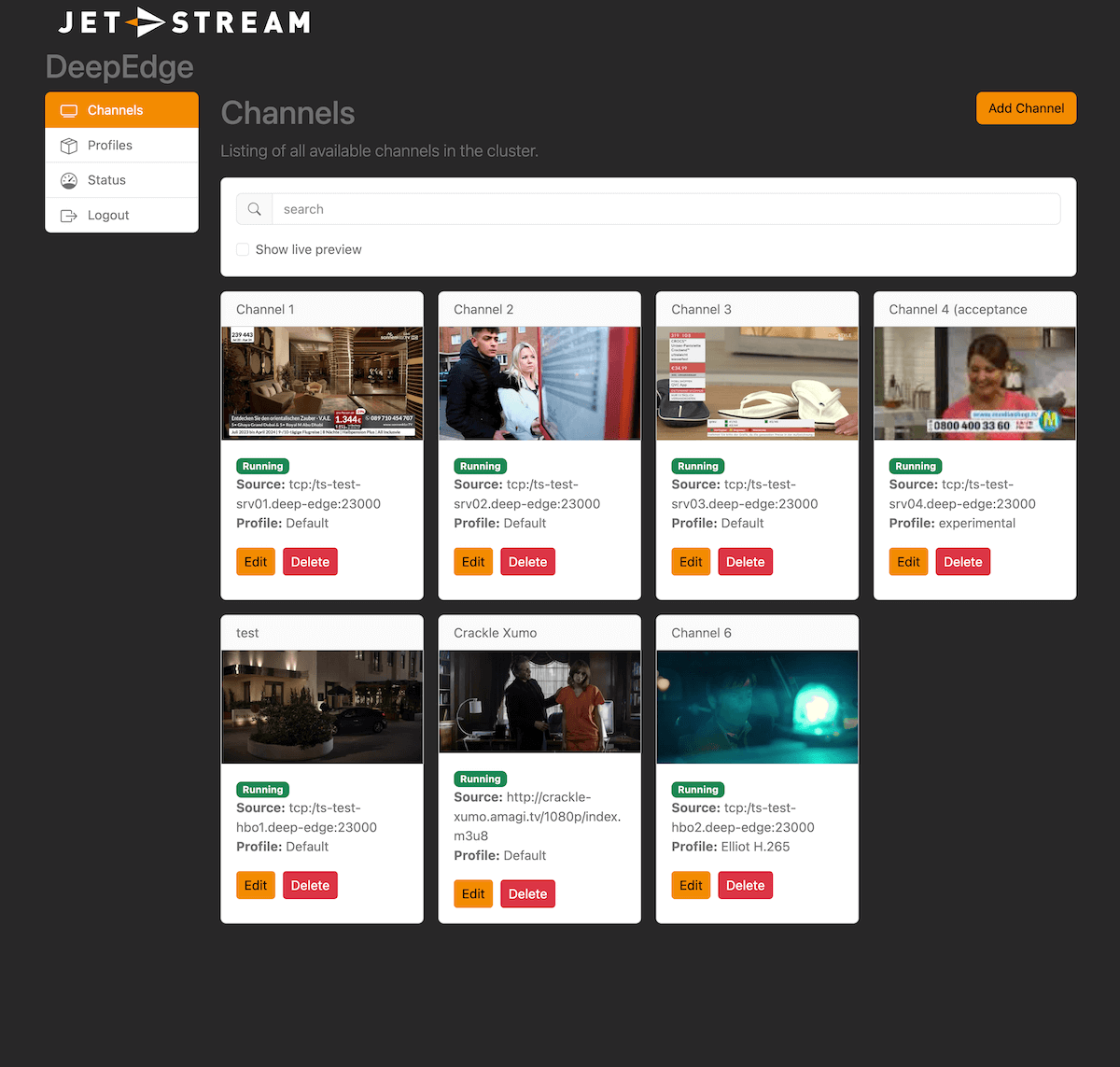 Jet-Stream MaelStrom transcoding. Översikt över livekanaler.